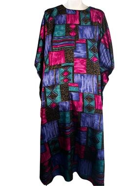 Vintage Winlar Bold Geometric Maxi Dress in Teal, Fuchsia & Purple